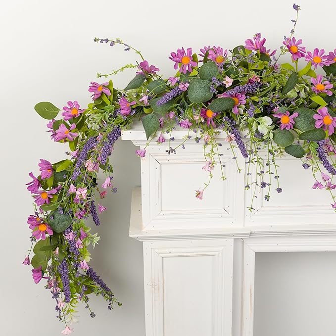 6ft Spring Flower Garland Faux Eucalyptus Greenery with Lavender Purple Daisy Wild Berry Artificial Vine for Easter Wedding Arch Decor Baby Shower Garland Mantle Table Centerpiece