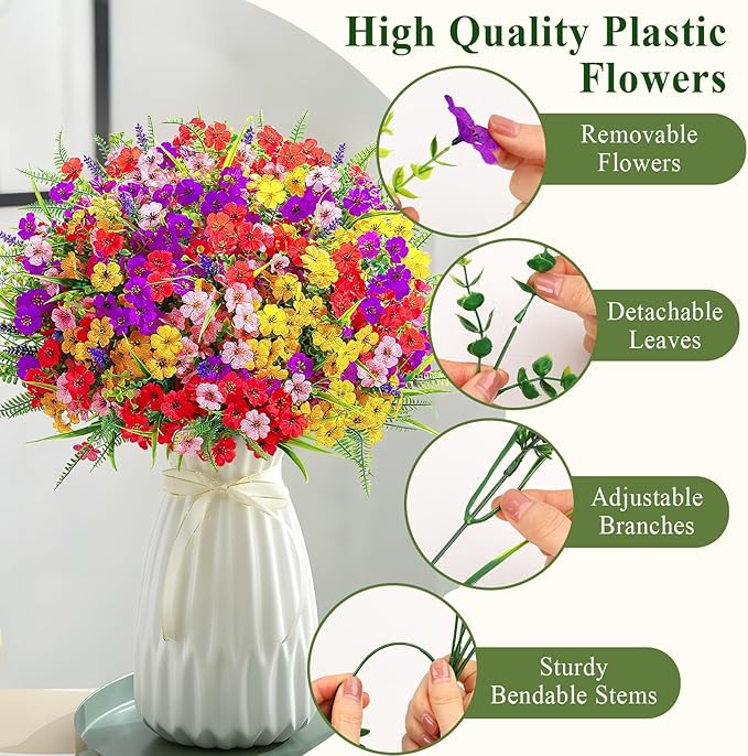 Alupssuc 24 Bundles Artificial Flowers for Outdoors Spring Decoration, UV Resistant Eucalyptus Violet and Lavender Silk Fake Plants for Outside Indoor Yard Home Patio Decor, Red Purple Yellow Pink
