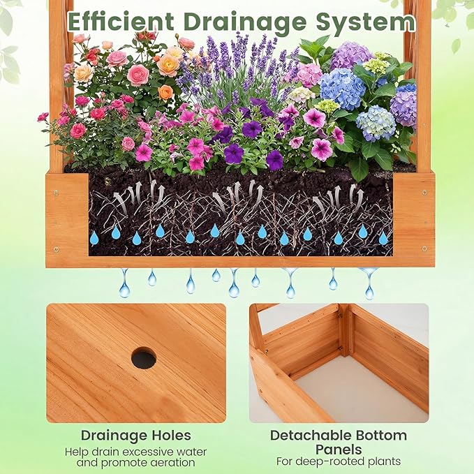 BECOMFORT Raised Garden Bed with Trellis & Hanging Roof, 45" Tall Fir Wood Planter Box with Drainage Holes, Outdoor Elevated Garden Planter for Climbing Vines, Perfect for Patio, Lawn & Backyard
