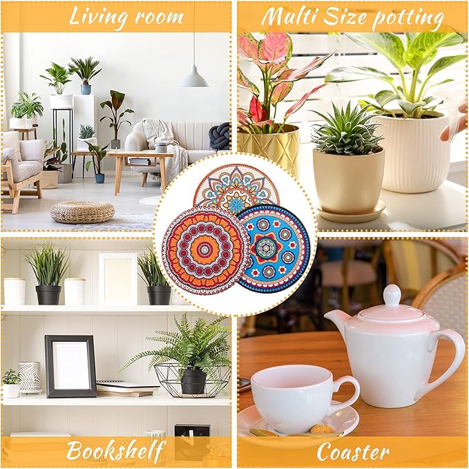 Nuanchu 6 Pieces Boho Plant Coasters 5.9 Inch Rubber Absorbent Non Slip Plant Pot Mats for Gardening Indoor Outdoor Round Bohemian Mandala Decorative Plants Saucers for Table Floor Protection Home