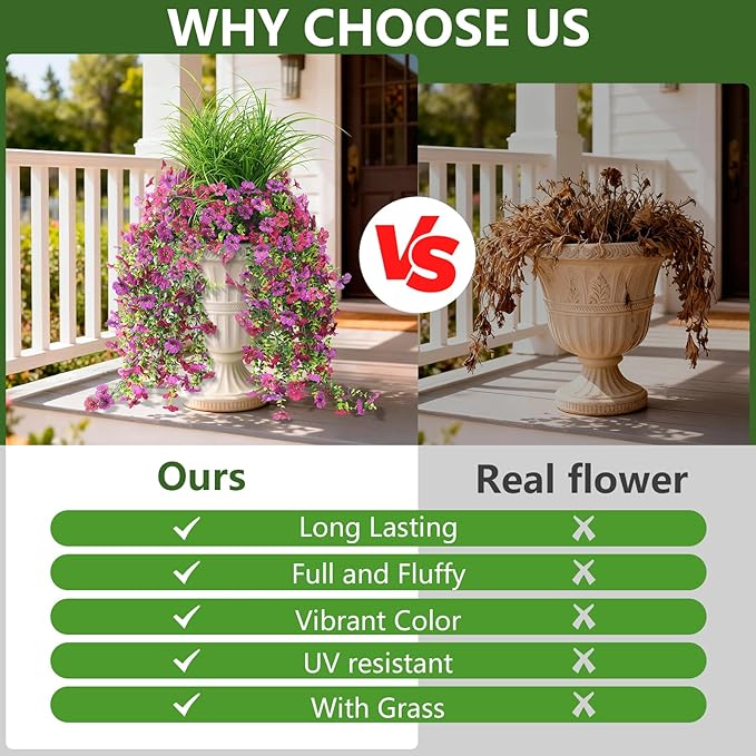 Artificial Hanging Flowers with Wheat Grass for Outdoors, 5 Pcs Fake Hanging Plants for Spring Decor, UV Resistant Faux Silk Flower Greenry for Planter Porch Patio Yard Garden(Light Purple Red)
