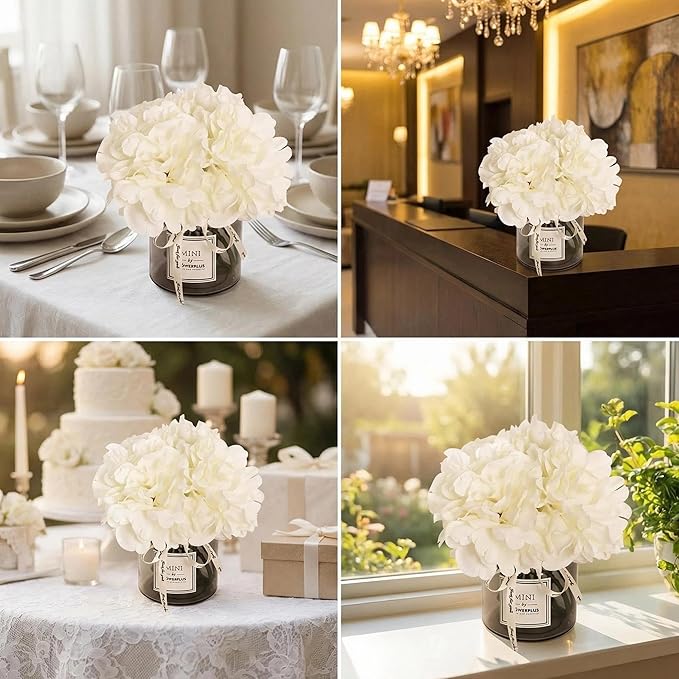 Artificial Hydrangea Flowers with Vase Realistic Faux Peonies, White Hydrangea for Living Room, Dining Table, Office, Wedding, Banquet & Home Decoration