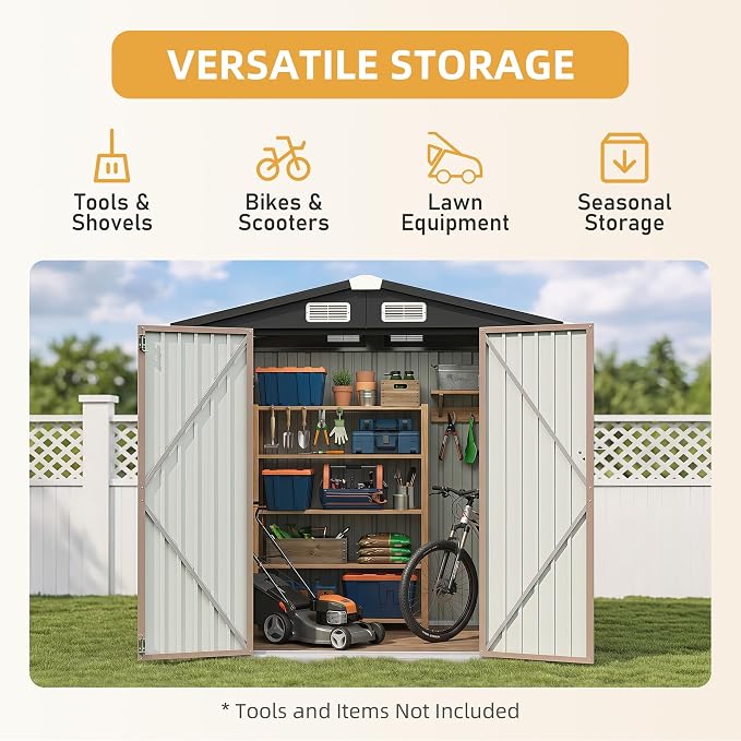 Aoxun 6' x 4' Outdoor Shed with 2 Pack Motion Sensor Light Garden Metal Storage Shed with 4 Vents, Lockable Doors for Patio, Lawn & Garden, Brown