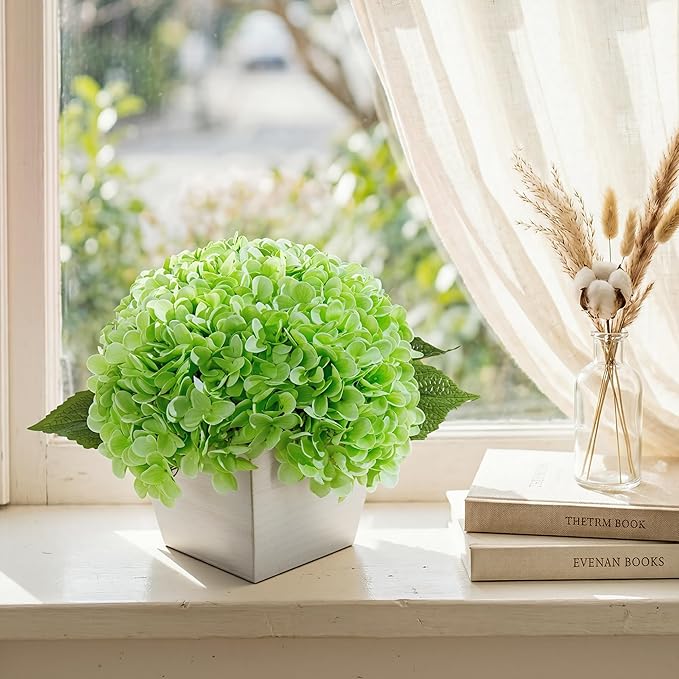 Artificial Hydrangea Flowers Arrangement in Wood Planter, 4PCS Fake Green Flowers in Wooden Vase Potted Floral Centerpieces for Tables Living Room Home Office Room Shelf Kitchen Decor