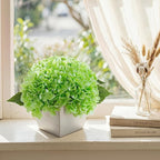 Artificial Hydrangea Flowers Arrangement in Wood Planter, 4PCS Fake Green Flowers in Wooden Vase Potted Floral Centerpieces for Tables Living Room Home Office Room Shelf Kitchen Decor