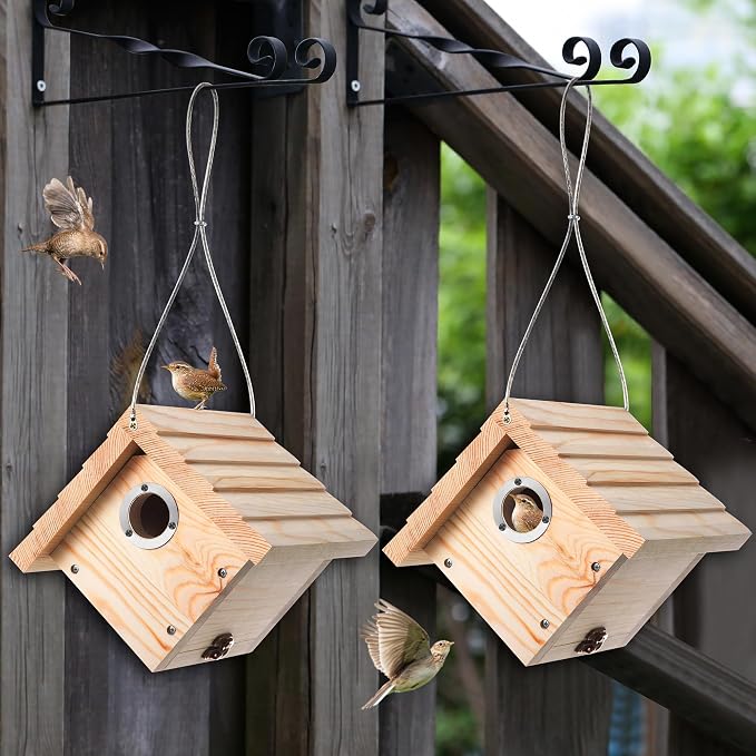 Dreyoo 2 Pack Wren House, 1-1/8'' Entrance Hole Hanging Wooden Wren Bird Houses for Outside with Metal Guard, Air Vents, Pine Wood for Chickadees (Wood Color)