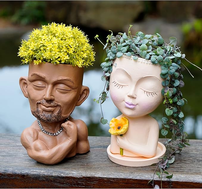 Unique Plant Pots Face Planters, Funny Plant Pots Head Planter, Men Face Planters Pots Head, Beefcake Face Vase with Drainage Hole (Brown)