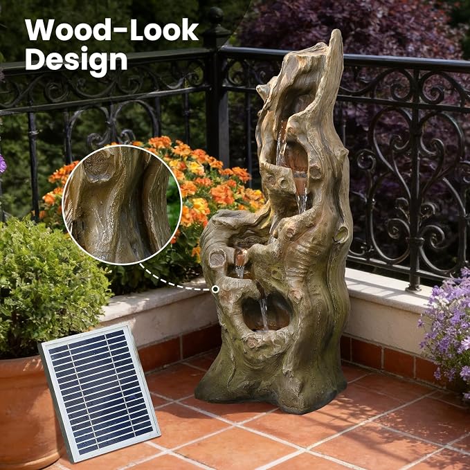 Sunlinua Solar Water Fountain Outdoor 5-Tiers Large Cascading Realistic Tree Trunk Natural Waterfall Outdoor Fountains Resin Imitation Wood with LED Lights for Garden, Patio, Porch