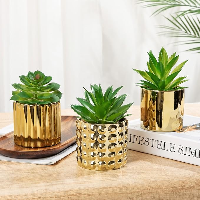 Briful Succulents Plants Artificial in Gold Ceramic Pots (Set of 3), Small Fake Plants for Home Office Desk Decor – Modern Mini Potted Succulents for Bathroom, Bedroom, Living Room Table, Shelf