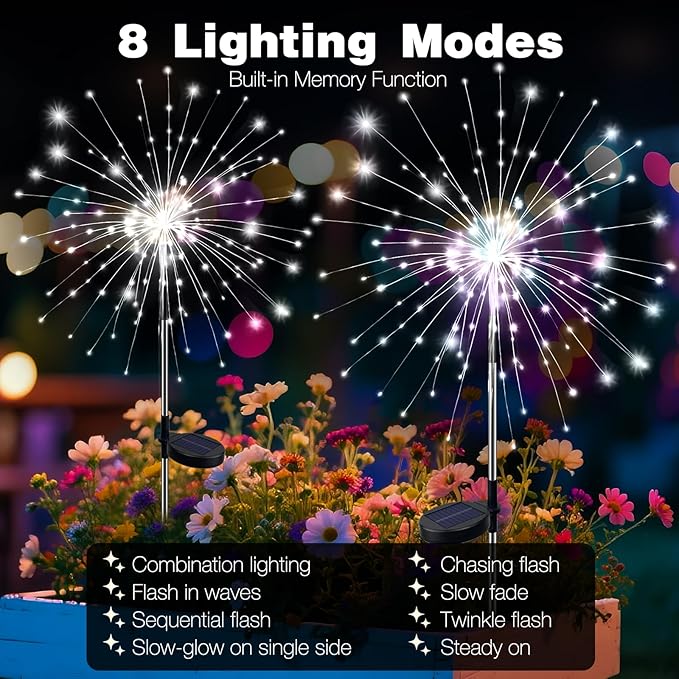 btfarm 2 Pack 120 LED Solar Garden Lights Outdoor, 8 Modes Firework Lights Solar Powered, Waterproof Twinkle Fairy Light Outside for Yard Patio Pathway Pool Christmas Party Decorative, Cool White