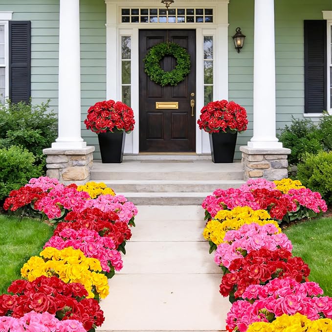 8 Bundles Artificial Geraniums Flowers for Outdoors Summer Mother's Day Derby Day Decor, Fake Cemetery Flowers Silk Red Flower UV Resistant No Fade Faux Plant for Porch Garden Home Planter Patio Decor