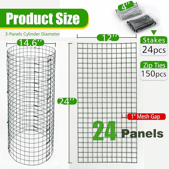 8 Pack Extra Tall Plant Protectors from Animals, 12"x24" Wire Garden Cages for Large Plants Shrubs, 2mm Heavy Duty Metal Mesh Guard for Deer Rabbits, Reusable Garden Protection with Stakes