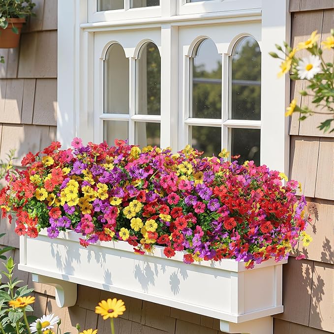 Alupssuc 48 Bundles Artificial Flowers for Outdoors Decoration, UV Resistant Silk Faux Daisy Spring Fake Plastic Plants Greenery for Outside Indoor Yard Home Porch Window Box Decor(Upgrade 4 Colors)