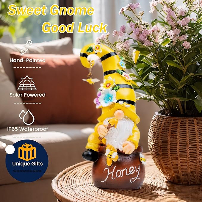 twinbling Birthday Gifts from Daughter Son - 13" Garden Solar Spring Gnomes Statues Outdoor Spring Decor with LED Lighted Bee and Flowers Funny Garden Sculpture for Patio Yard Lawn Decorations Gifts