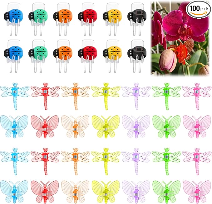 100Pcs Orchid Clips Butterfly Ladybug Plant Clips Dragonfly Orchid Support Clips Portable Cute Vine Clips for Support Garden Plant Flower Vine, Mix Color
