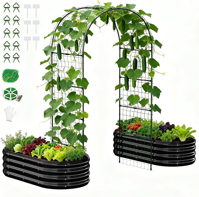 DoCred 3 in 1 Galvanized Raised Garden Bed, 2Pcs Garden Planter Box with 87" H Trellis for Climbing Plants, Outdoor Gardening Raised Beds with Climbing Net for Fruits, Vegetables, Flower (Black)