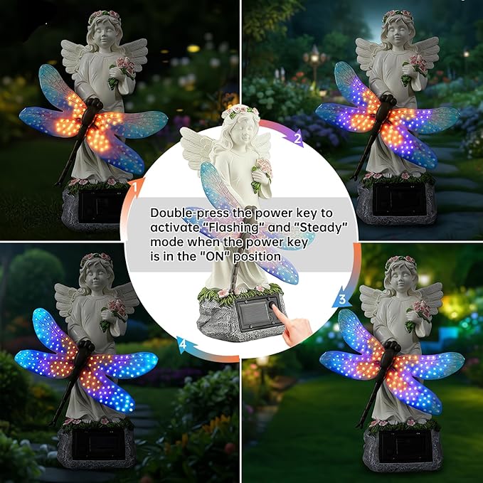 Starryfill Solar Angel Garden Statue with Color Changing Dragonfly Lights - 12 Inch Hand-Painted Resin Figurine, Auto Dusk-to-Dawn Waterproof Outdoor Decor for Patio, Yard, Lawn, Memorial Mother Gift