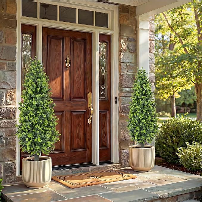 PATIO CHOICE 3ft Artificial Topiary Trees with Ground Spike Set of 2 36" Outdoor Faux Plants Realistic Faux Bushes and Shrubs Decorations for Outdoor Indoor Front Porch Garden