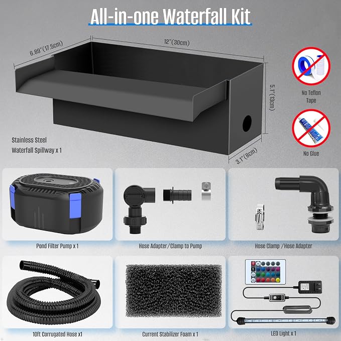 AquaMiracle Complete Outdoor Pond Waterfall Kit with LED Light | 4-Stage Filtration System | 12" Stainless Steel Spillway with 850GPH Water Pump | for Garden Backyard Koi Pond Pool Decoration