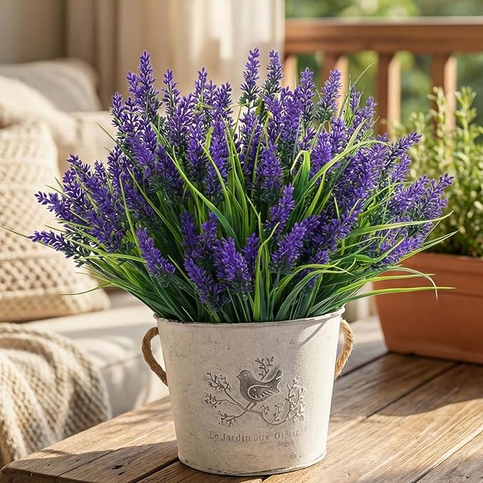 CEWOR 24 Bundles Artificial Plants Outdoor Fake Monkey Grass with Lavender Flowers Grass UV Resistant Faux Plants for Garden Porch Window Patio Planter Pathway