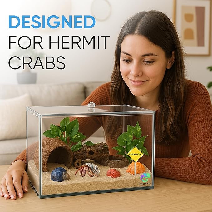 EctoTherm Hermit Crab Tank - 5 Gallon Tank with Lid - Complete Hermit Crab Cage for Large & Small Crabs - Glass Tank