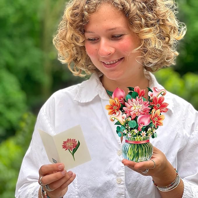 Freshcut Paper Pop Up Cards, Mini Dear Dahlia, 6 Inch Mini Sized Forever Flower Bouquet 3D Popup Greeting Cards, Birthday Card, Thank You Card, Blank Notecard & Envelope