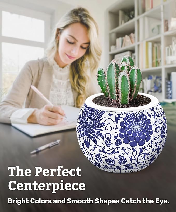 PieceRelax 3D Puzzle Planter - Oriental Floral Ornament - Small Round Plant Pots with Drainage, for Mom, Home Decor Flower Pots for Indoor Cactus, Succulents Pots [K1101]
