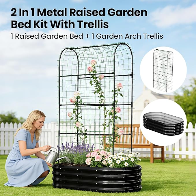 DoCred 2 in 1 Galvanized Raised Garden Bed, 2Pcs Garden Planter Box with 71" H Trellis for Climbing Plants, Outdoor Gardening Raised Beds with Climbing Net for Fruits, Vegetables, Flower (Black)