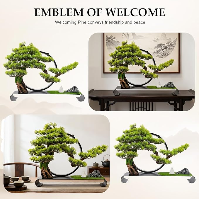 Zen Artificial Bonsai Tree with Adjustable LED Light Ring, Realistic Simulation Welcome Pine with Buddha Statue Decoration, Faux Potted Plant for Living Room Office Studies Meditation
