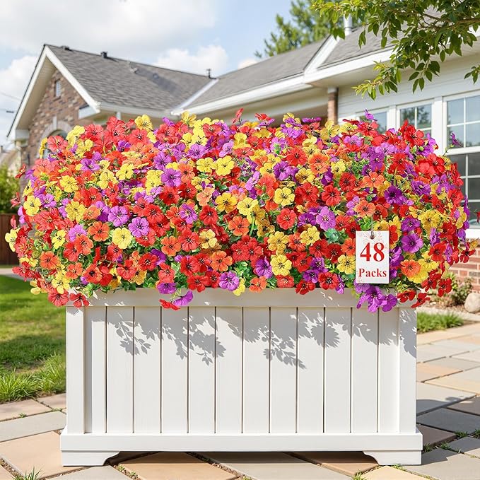 Alupssuc 48 Bundles Artificial Flowers for Outdoors Decoration, UV Resistant Silk Faux Floral Spring Summer Fake Plastic Plants Greenery for Outside Indoor Home Porch Window Box Decor, Mix 4 Colors