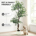 6FT Artificial Ficus Tree Indoor Outdoor, Fake Plants Indoor with White Pot, Realistic White-Edged Leaves Potted Tree for Home Office Decor
