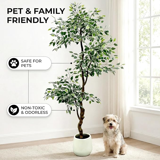 6FT Artificial Ficus Tree Indoor Outdoor, Fake Plants Indoor with White Pot, Realistic White-Edged Leaves Potted Tree for Home Office Decor