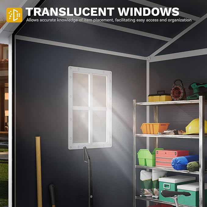 DWVO 6x4.4 FT Outdoor Storage Shed with Fence-Style and Side Windows, Lockable Door, and Vents Resin Storage Shed for Garden Backyard Patio Lawn