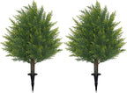 21'' Artificial Cedar Topiary Ball Trees with Ground Spike, 2 Pack Artificial Shrubs, UV Resistant Fake Plant Brush for Indoor Outdoor Front Porch Garden