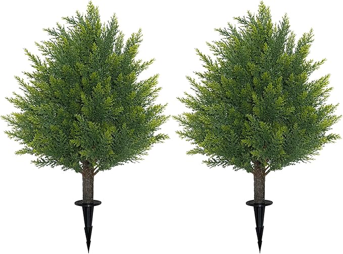 21'' Artificial Cedar Topiary Ball Trees with Ground Spike, 2 Pack Artificial Shrubs, UV Resistant Fake Plant Brush for Indoor Outdoor Front Porch Garden