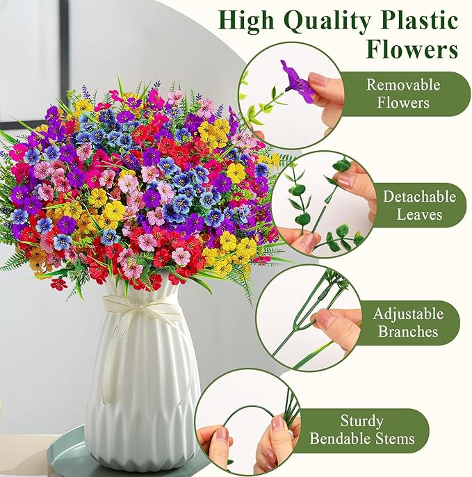 Alupssuc 24 Bundles Artificial Flowers for Outdoors Spring Decoration, UV Resistant Eucalyptus Violet and Lavender Silk Fake Plants for Outside Indoor Decor, Red Rose Purple Blue Yellow Pink