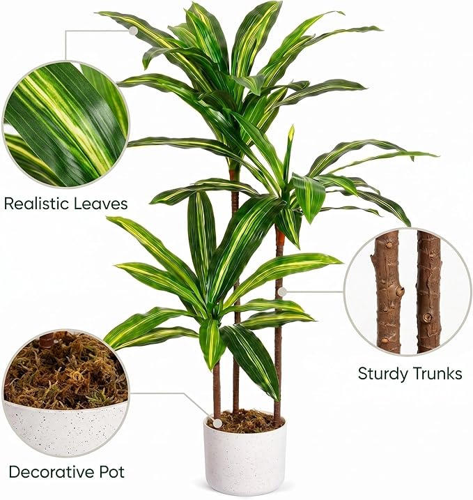 3.3FT Artificial Dracaena Tree in Pot, Evergreen Artificial Dracaena Marginata Plants Indoor, Decorative Potted Floor Plant for Living Room Porch Office Decor