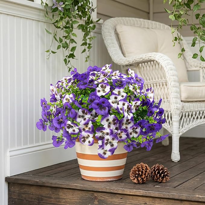 Rowfad 18 Pcs Artificial Fake Pansy Flowers for Outdoor, Faux UV Resistant Silk Pansies Flowers for Outside Planter Front Door Porch Yard Patio Window Box Home Decor (18, Lavender)