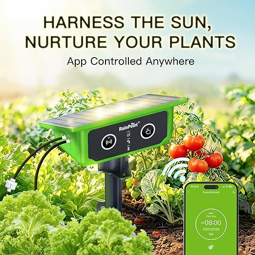 RainPoint WiFi Solar Drip Irrigation System, Smart Automatic Plant Watering Kit with App Control, Solar & USB-C, Tap-Free Watering System for Balcony, Backyard & Container Garden Plants, 10-15 Plants