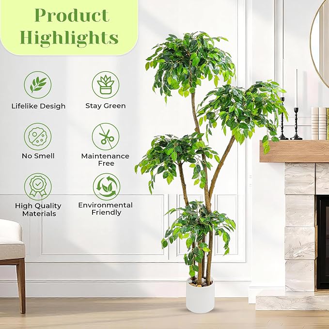 6FT Artificial Ficus Tree with White Planter and Pebbles,Faux Silk Tree with Lifelike Leaves and Realistic Trunk,Tall Fake Potted Plant for Home and Office Décor Indoor and Outdoor (6FT)