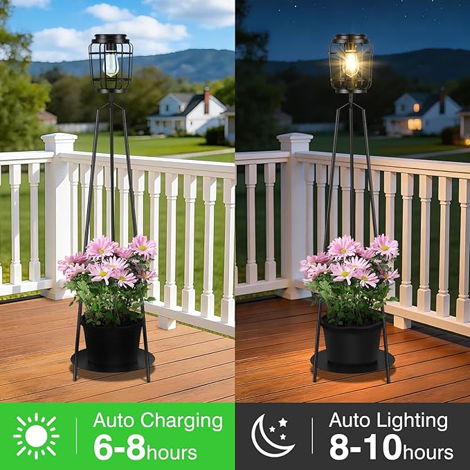 TOWPONICS Outdoor Floor Lamp with Planter Stand, 40.75'' Outdoor Solar Lights with 2700K Warm White LED Bulb, IP65 Waterproof Solar Powered Outdoor Lamp for Patio Backyard Garden Pathhway Decor,1 Pack