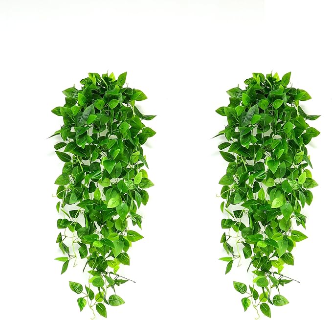 Fake Hanging Plants 2pcs Artificial Hanging Plant for Indoor Outdoor Faux Pothos Vines Greenery Garlands for Wall Home Aesthetic Patio Kitchen Living Room Farmhouse Shelf Office Decor (No Baskets)