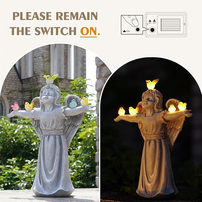 Angel Garden Statue with 5 Birds Solar Lights, Resin Cherub Figurine Outdoor Decor for Garden Porch Yard, Gift for Women, Teacher, Mother, Birthday Housewarming