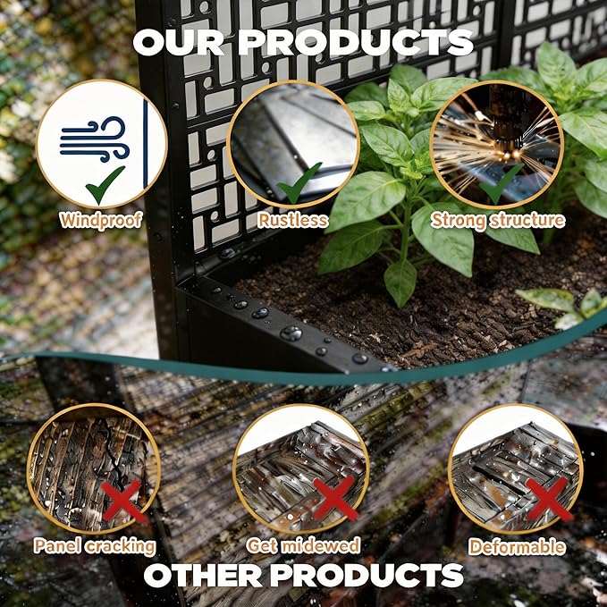 73" Ornamental Metal Planter Box with Trellis on Wheels, Raised Garden Bed with Scrollwork Privacy Screen, Outdoor Privacy Planters for Patio Balcony Backyard, Climbing Plants Vegetables