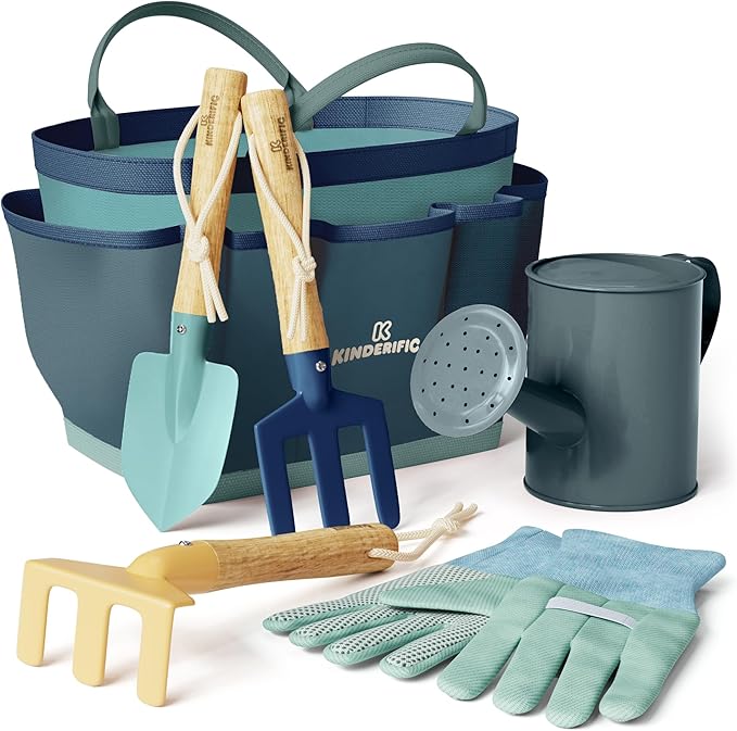 Kinderific Gardening Set, Tool Kit, for Kids, STEM, Includes Tote Bag, Spade, Watering Can, Rake, Fork, Trowel and Gloves (Ocean Blue)