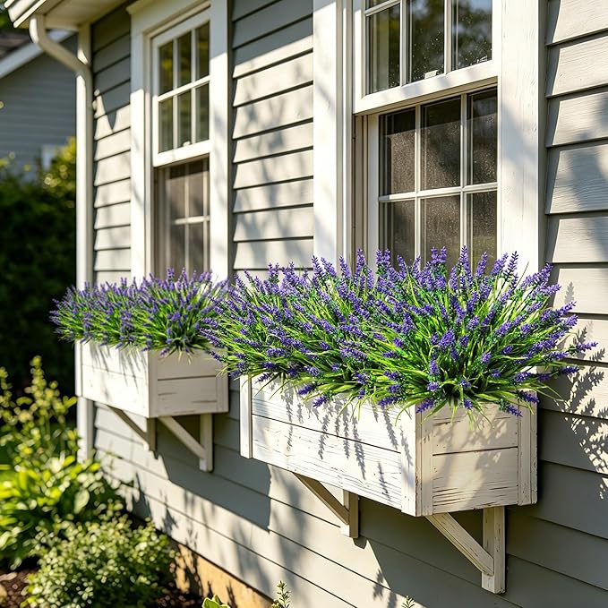 AmyHomie Fake Plants Artificial Flowers for Outdoors – 16 Bundles Fake Lavender Plants & Monkey Grass, UV Resistant Faux Greenery for Patio, Porch, Planter, Garden and Window Decor