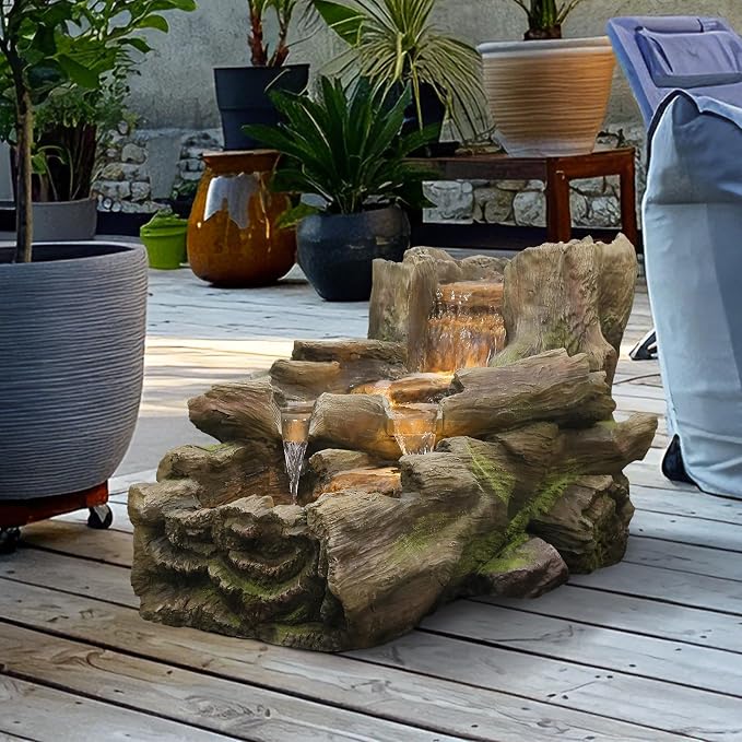 Sunlinua 34.25" L Outdoor Water Fountain with 3 Tiers Large Cascading Realistic Tree Trunk Waterfall Fountains with LED Lights Outdoor Water Fountain for Garden Patio Backyard Porch Home Decor