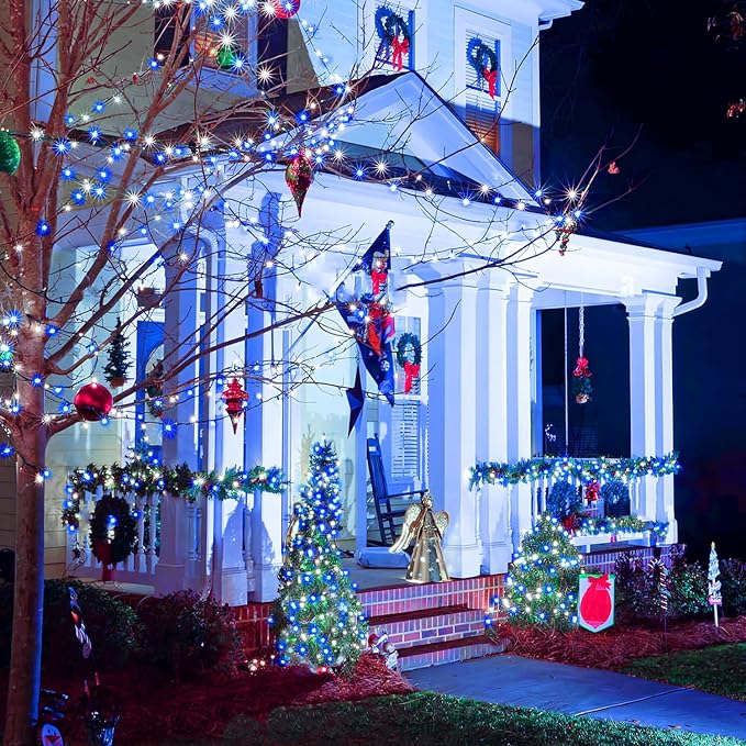 JMEXSUSS 66ft 200 LED Blue and White Outdoor Christmas String Lights, Expandable for Tree, Party, Home Decorations