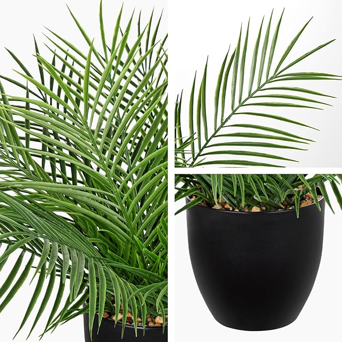 Briful Artificial Palm Plant in Black Pot, 18” Faux Tropical Tabletop Plant with 14 Realistic Leaves, Small Potted Palm Tree for Farmhouse, Coffee Table, Entryway, Bathroom, Shelf & Living Room Decor