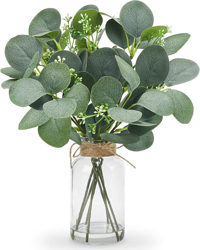 Der Rose 13.5" Fake Plants for Bathroom Decor Artificial Eucalyptus Stems in Clear Glass Vase with Faux Water for Office Desk Accessories Home Table Centerpiece Decor（Sage Green）